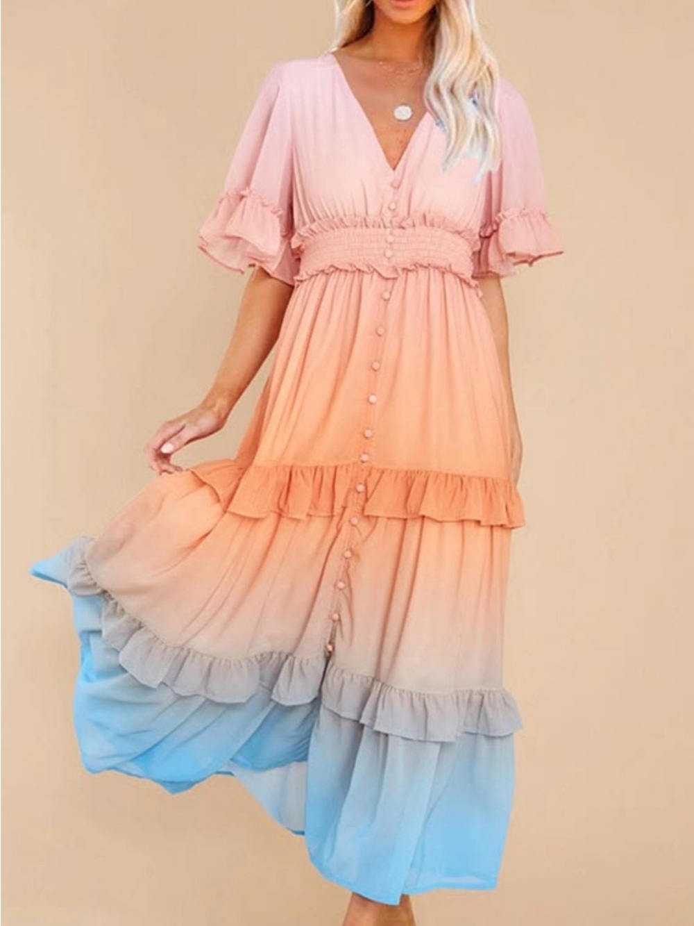 Aura Ombre Pink to Blue Ruffled Maxi Dress